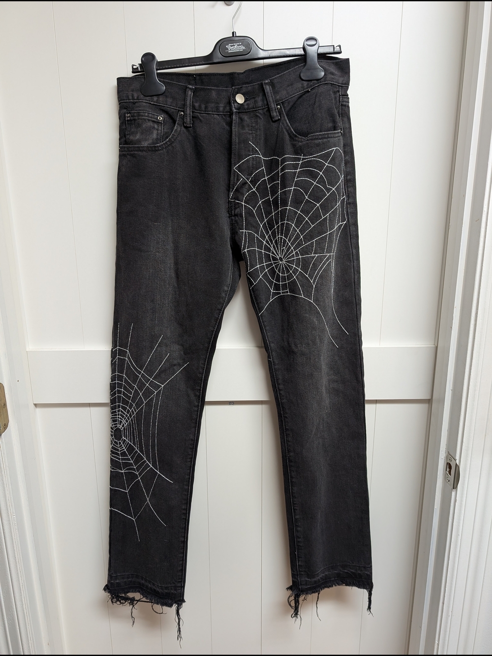 mnml Men's Black Straight Jeans with White Spiderweb Detail